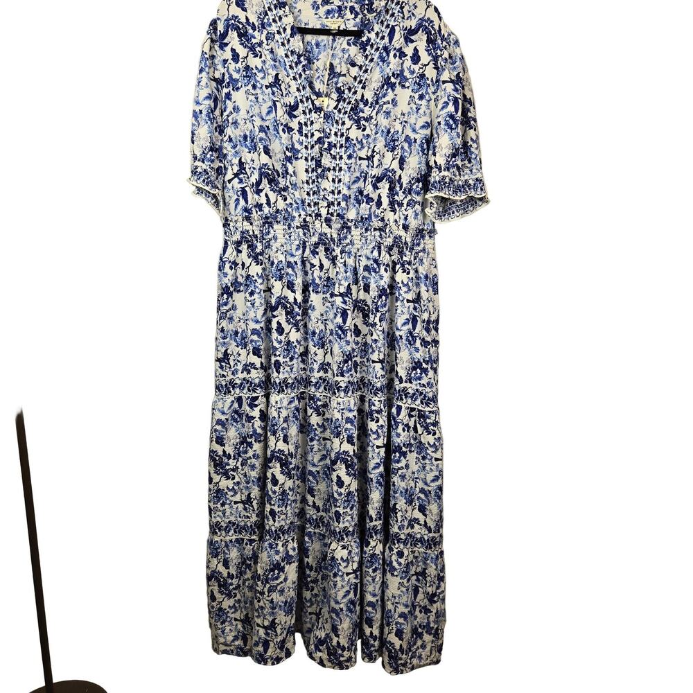 Max Studio Crepe Smocked Floral Tiered Maxi Dress Plus 3X Blue White Cottage NEW